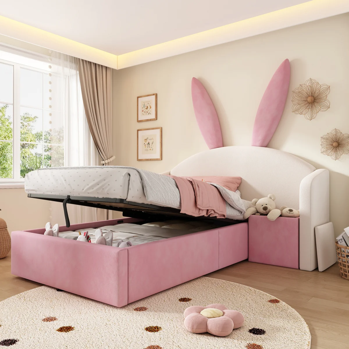 Bunny Ears Upholstered Storage Bed with Nightstand - Cream – image 1