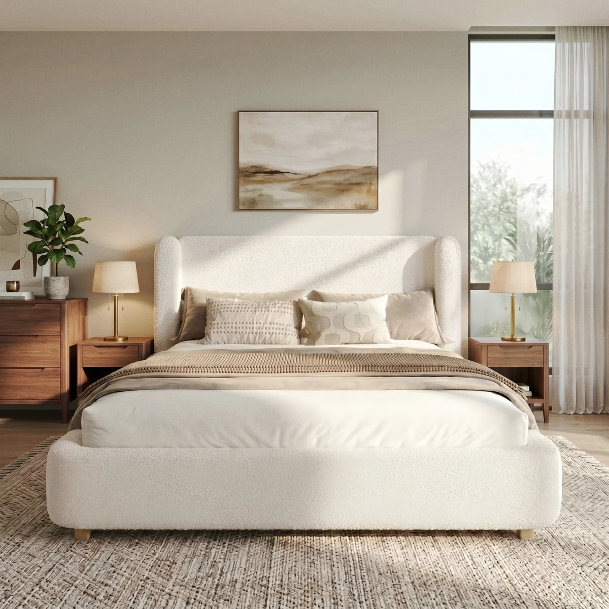 Super King Bouclé Ottoman Storage Bed with Wingback Headboard, Cream - Cream – image 1