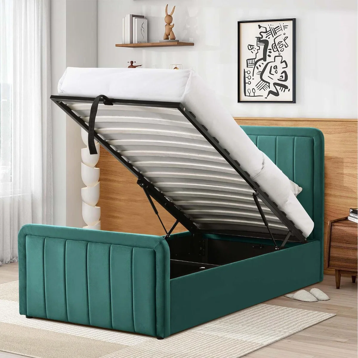 Brushed Velvet Ottoman Bed Frame - Green / Single