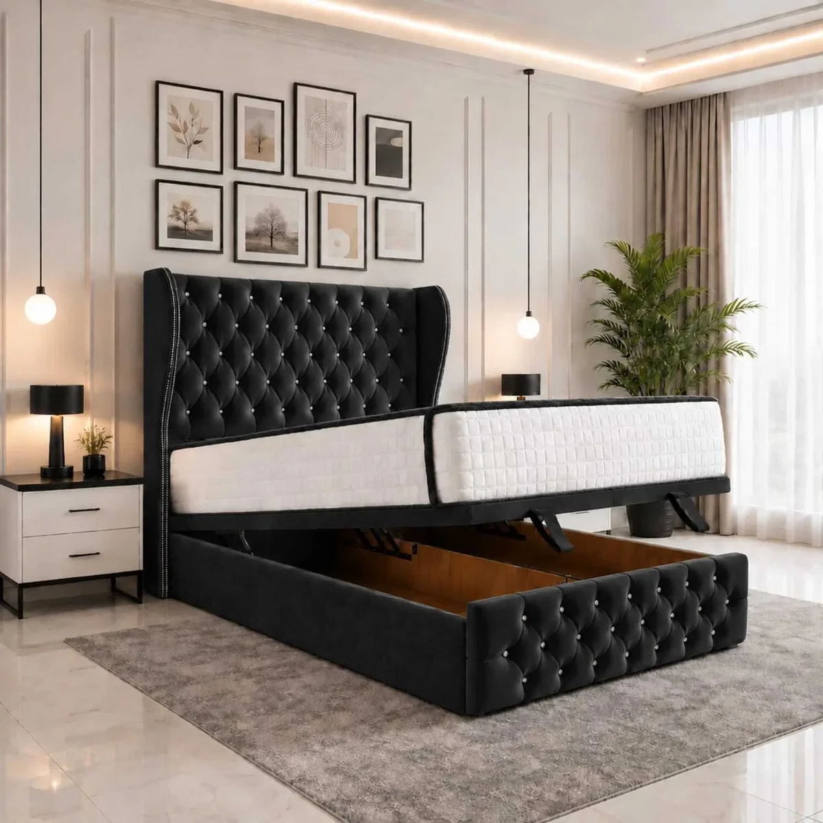 Luvessa Upholstered Ottoman Storage Bed With Wingback Headboard - Black / Double – image 1