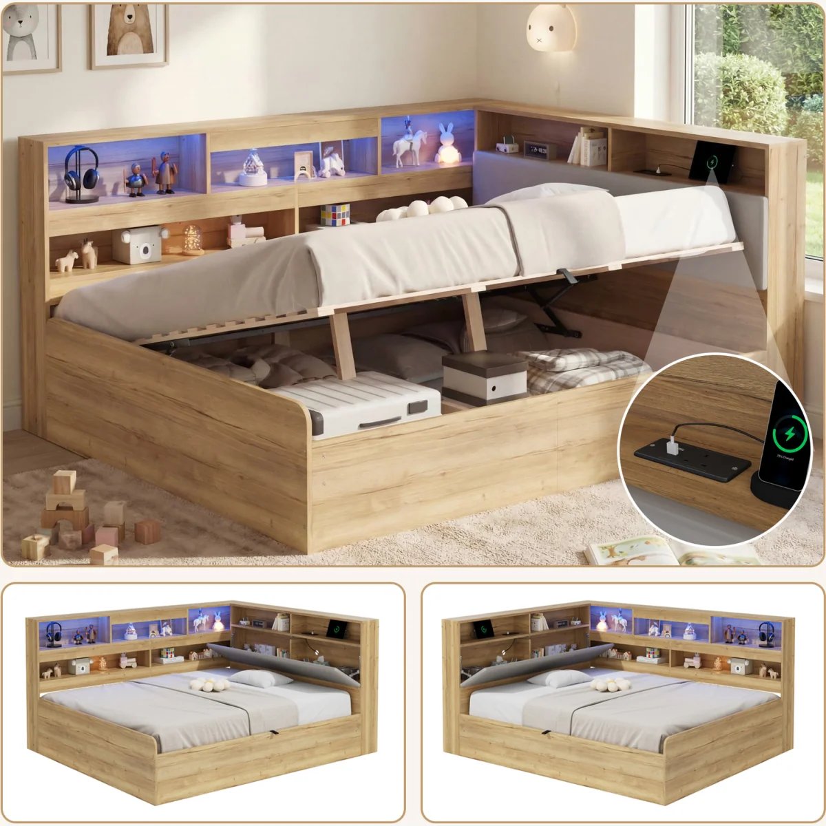 Double Hydraulic Storage Bed with LED & USB, White - White – image 1