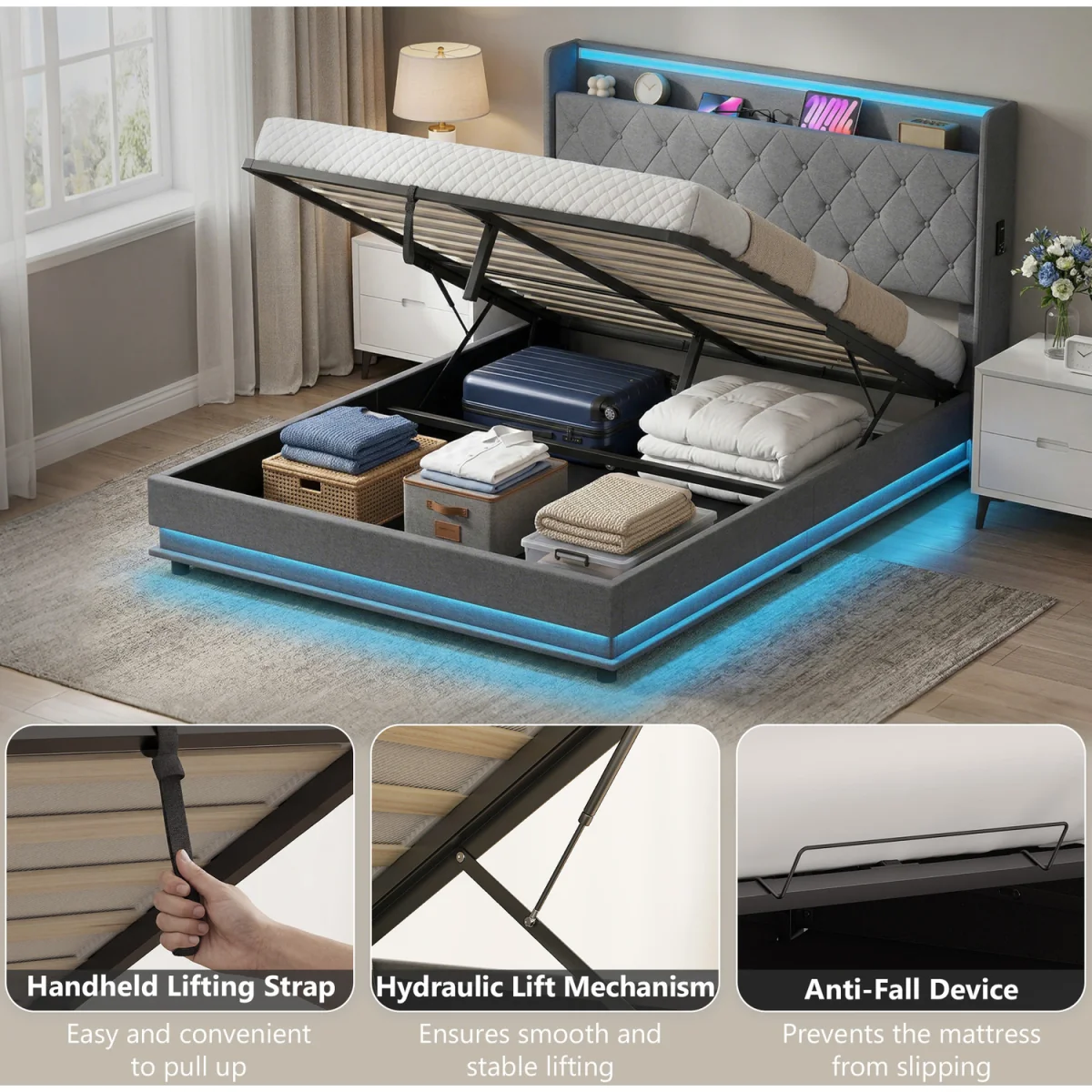 HOMCOM Lift up Storage Bed Frame with RGB LED Lights - Dark Grey – image 3