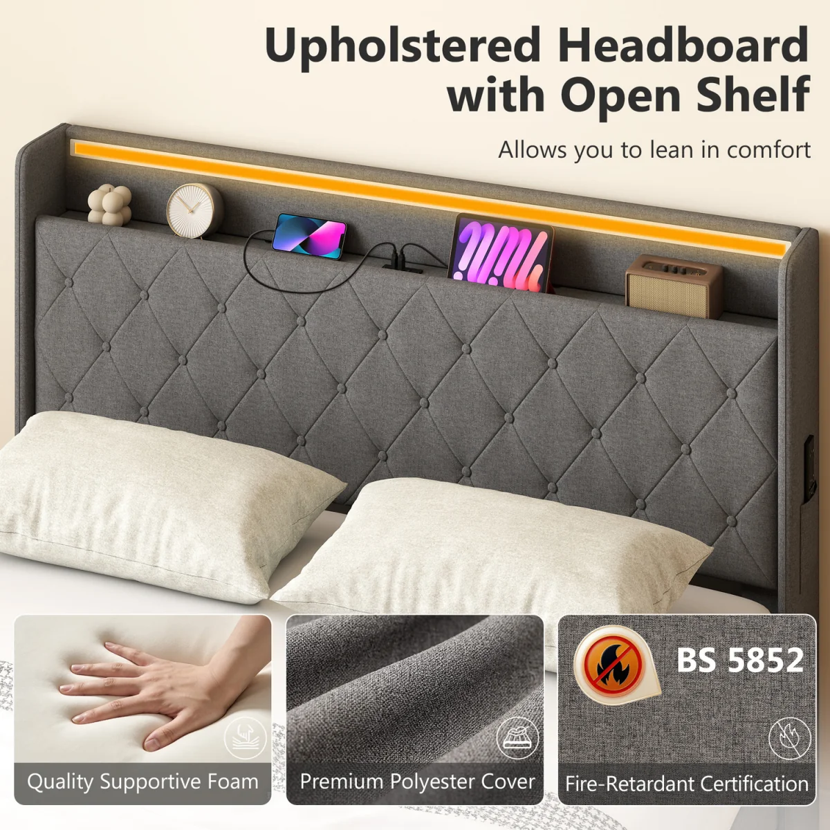 HOMCOM Lift up Storage Bed Frame with RGB LED Lights - Dark Grey – image 4