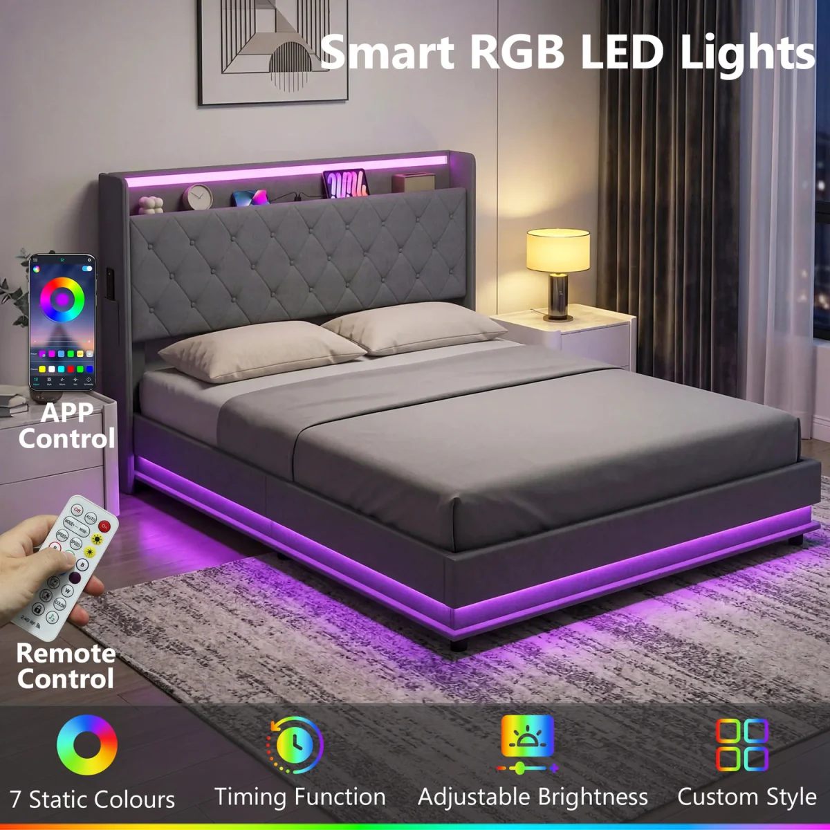 HOMCOM Lift up Storage Bed Frame with RGB LED Lights - Dark Grey – image 6