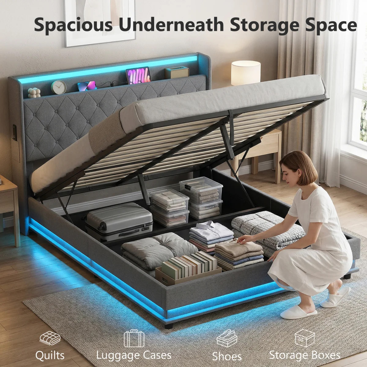 HOMCOM Lift up Storage Bed Frame with RGB LED Lights - Dark Grey – image 7