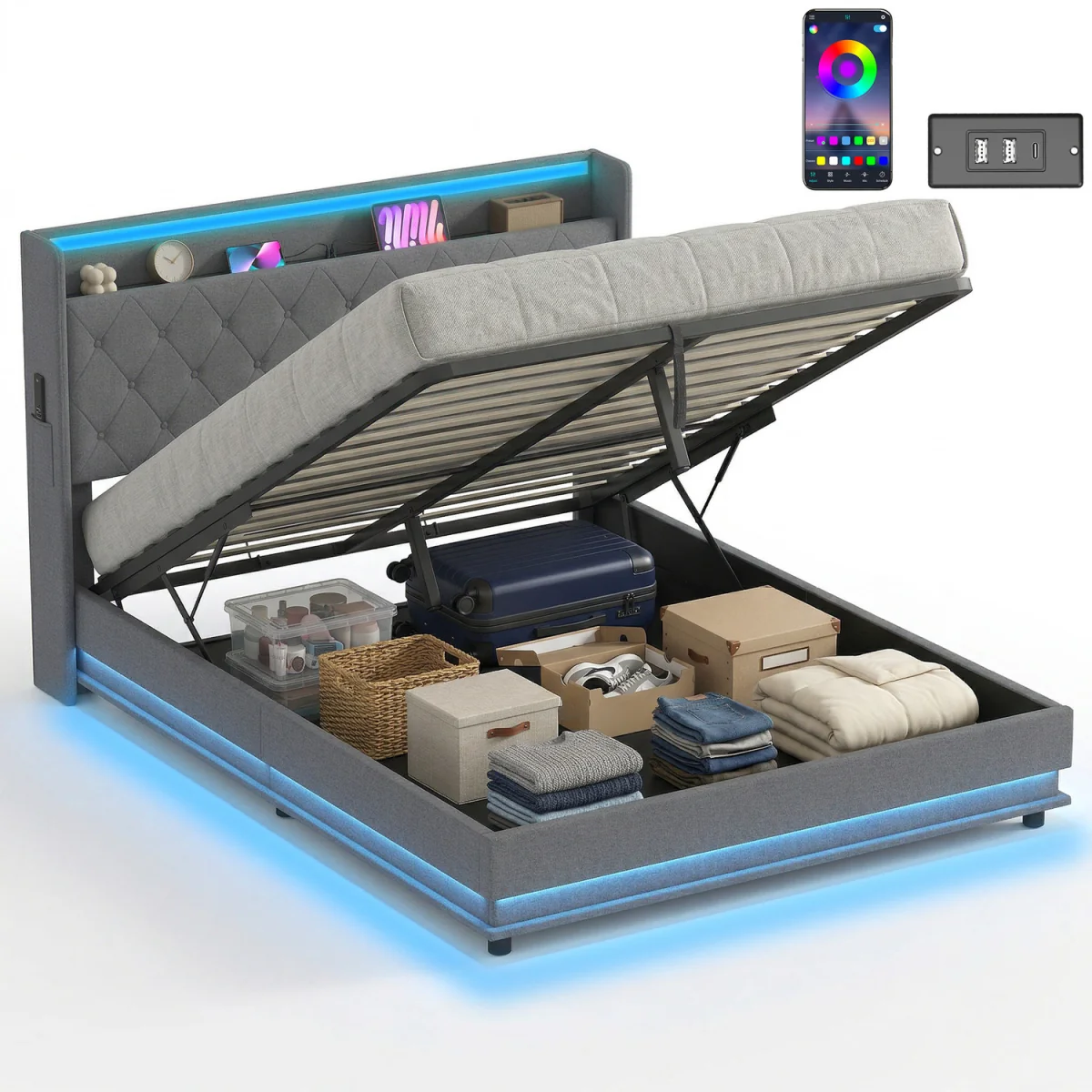 HOMCOM Lift up Storage Bed Frame with RGB LED Lights - Dark Grey – image 8