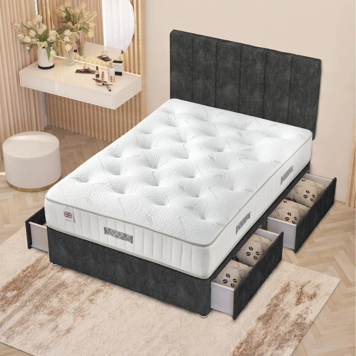 Austin Tweed Fabric Orthopaedic Divan Storage Bed Hybrid Mattress 32" Headboard - Charcoal / Double / 4 Drawers