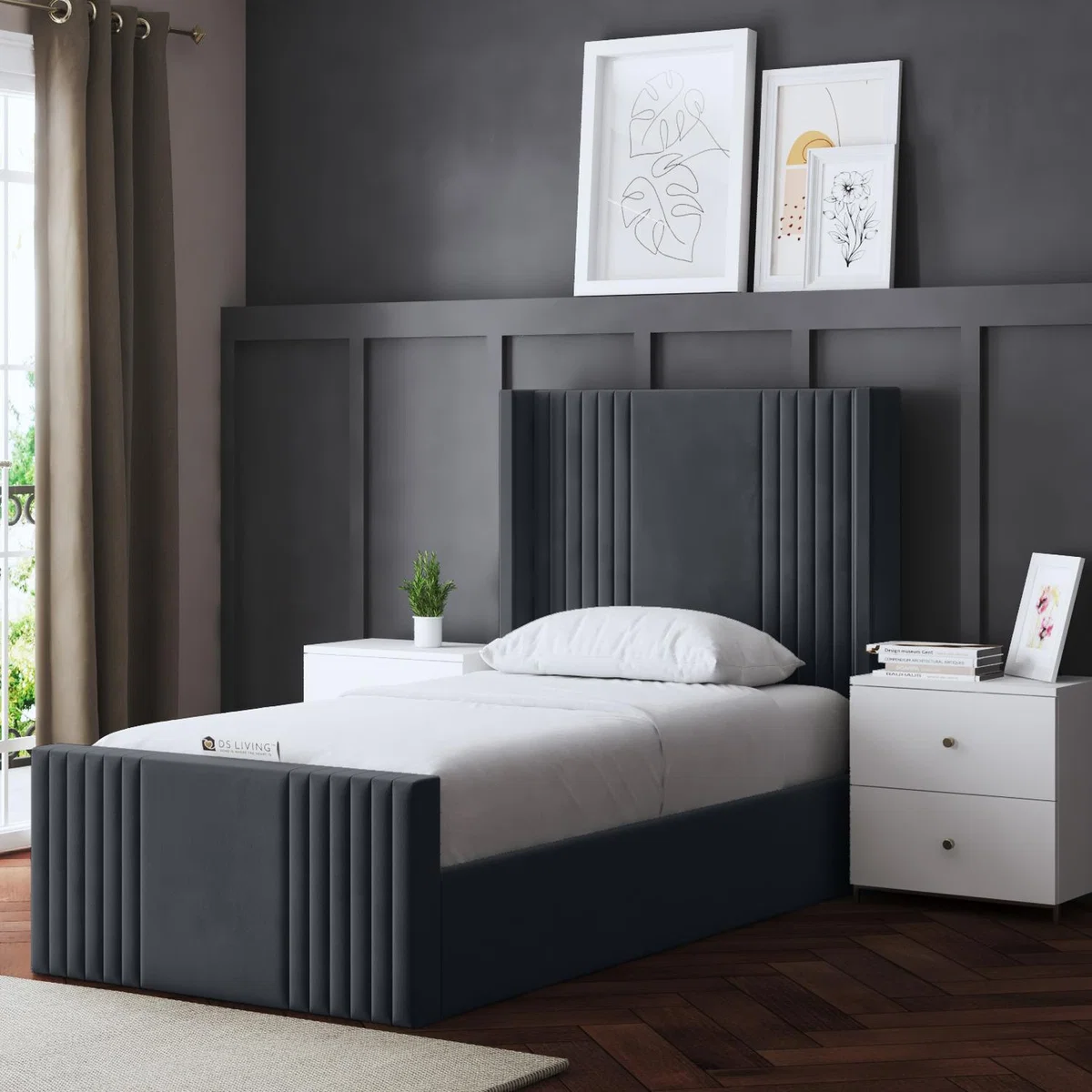 Elara Winged Ottoman Panel Bed with Headboard - STEEL / Single
