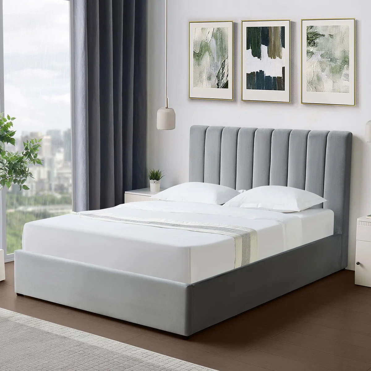 Corwin Grey Velvet Ottoman Storage Bed Frame - 4 Sizes Available - Grey / 135cm Double Ottoman Bed Frame