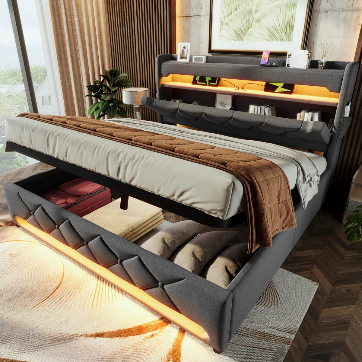 Double Linen Hydraulic Storage Bed with LED & USB-C - Grey – image 1