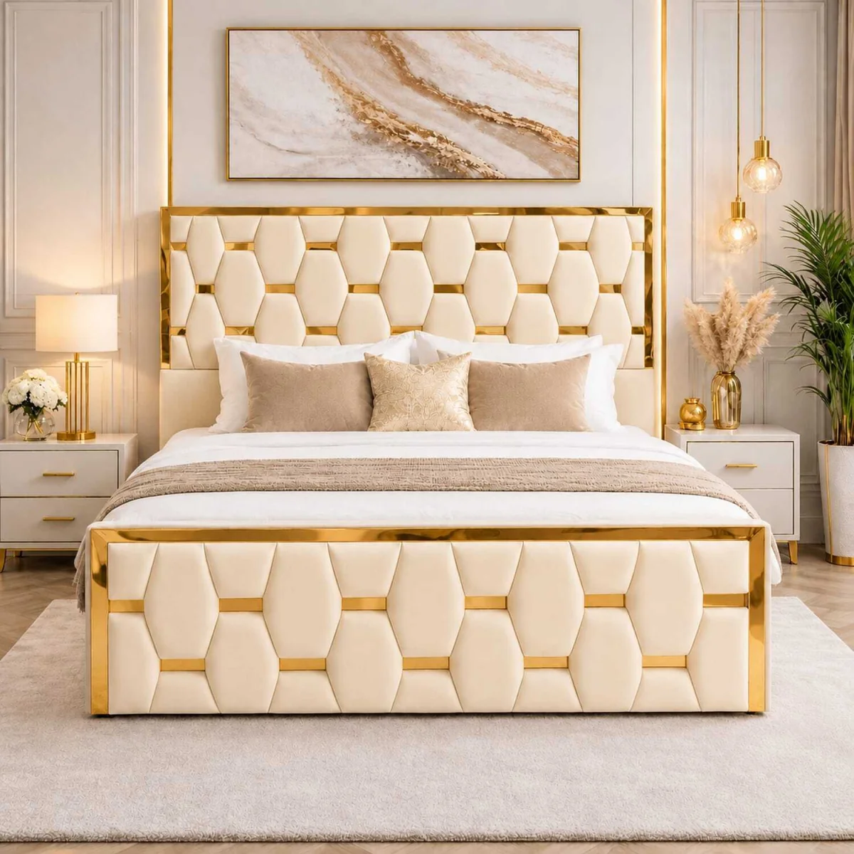 Luxury Gold Trim Upholstered Ottoman Bed Designer Tufted Headboard - Blue / Double – image 2