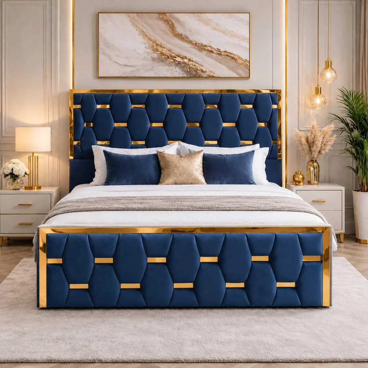 Luxury Gold Trim Upholstered Ottoman Bed Designer Tufted Headboard - Blue / Double – image 1
