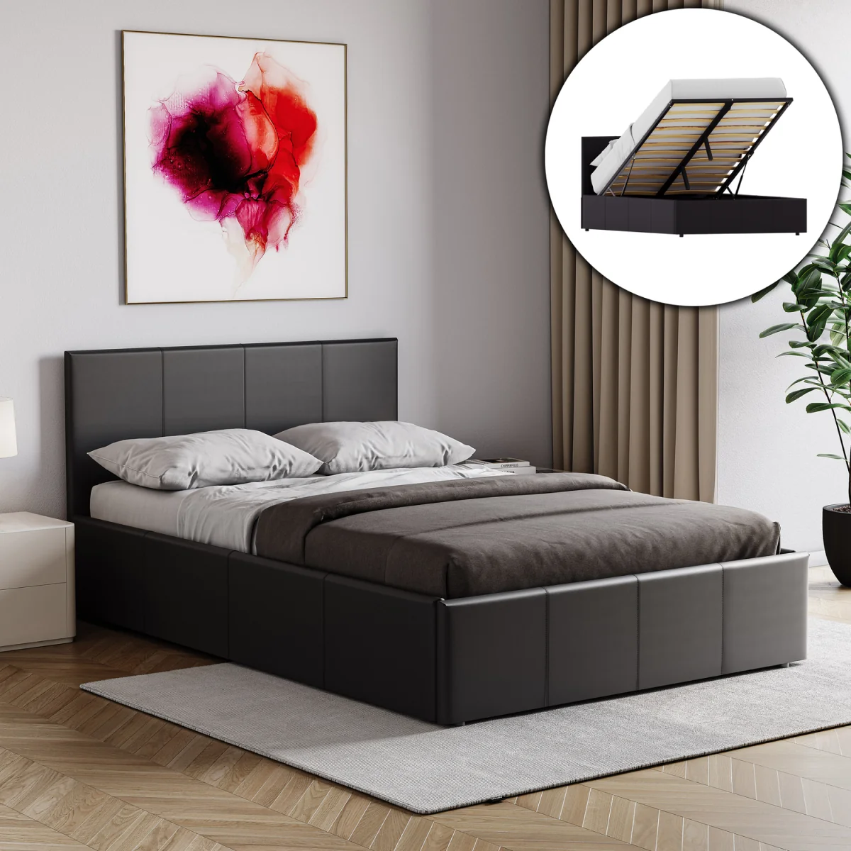 Lisbon Faux Leather Ottoman Bed & Gel Memory Foam Pocket Spring Mattress - Black / Small Double – image 1