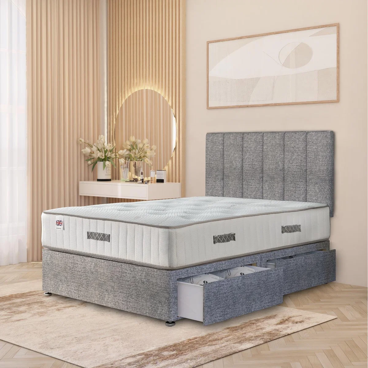 Austin Tweed Fabric Orthopaedic Divan Storage Bed Hybrid Mattress 32" Headboard - Grey / Small Single / 2 Drawers
