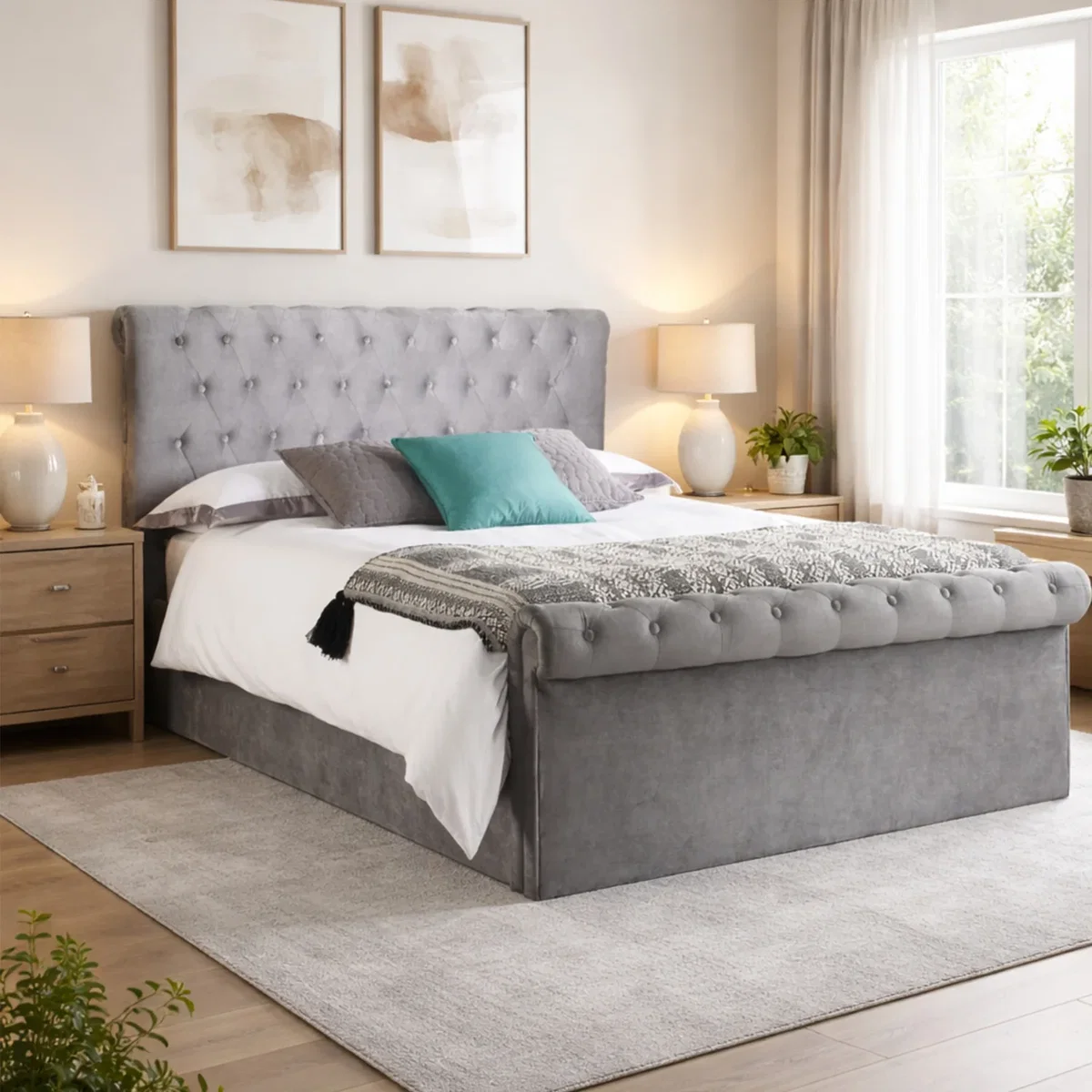 Aspire Mayfair Chesterfield Sleigh Ottoman Velvet Bed Frame - Grey / Single – image 1