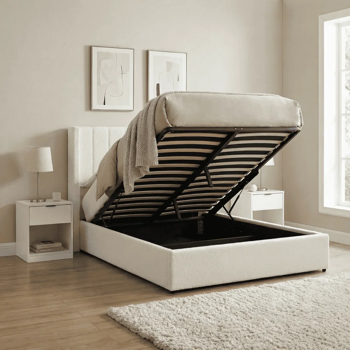 Alix End Lift Ottoman Storage Bed with Fluted Winged Headboard - White / King – image 1