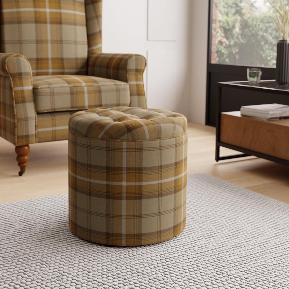 Oswald Check Round Buttoned Storage Footstool Natural Oswald Wingback – image 1