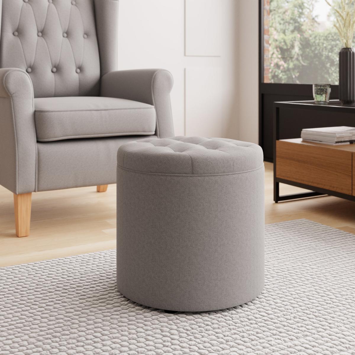 Oswald Faux Wool Round Storage Footstool Grey – image 1