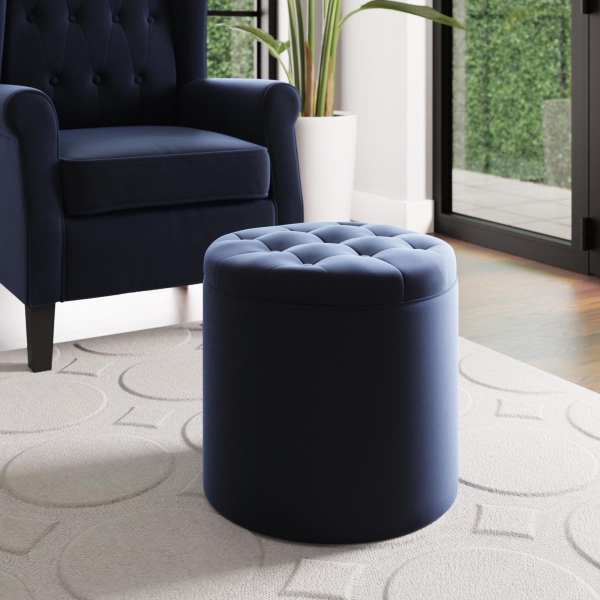 Oswald Velvet Round Storage Footstool Luxe Navy – image 1
