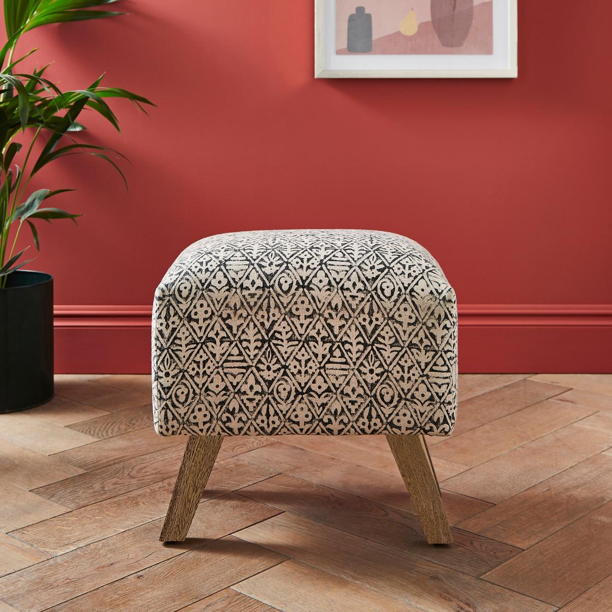 Jaipur Edit Tile Print Footstool Black Black and white – image 2