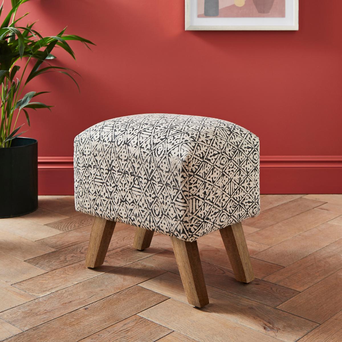 Jaipur Edit Tile Print Footstool Black Black and white – image 1