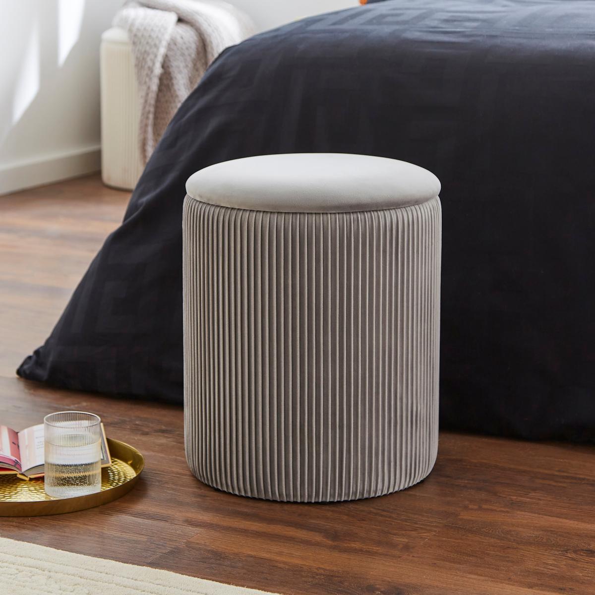 Ribbed Velvet Storage Footstool Grey – image 1