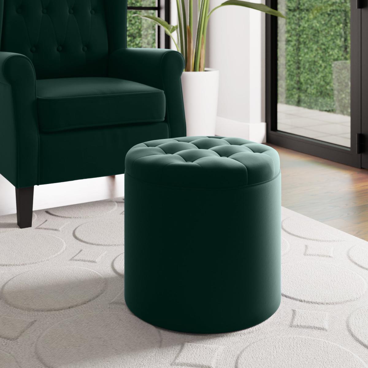 Oswald Velvet Round Storage Footstool Bottle (Green) – image 1
