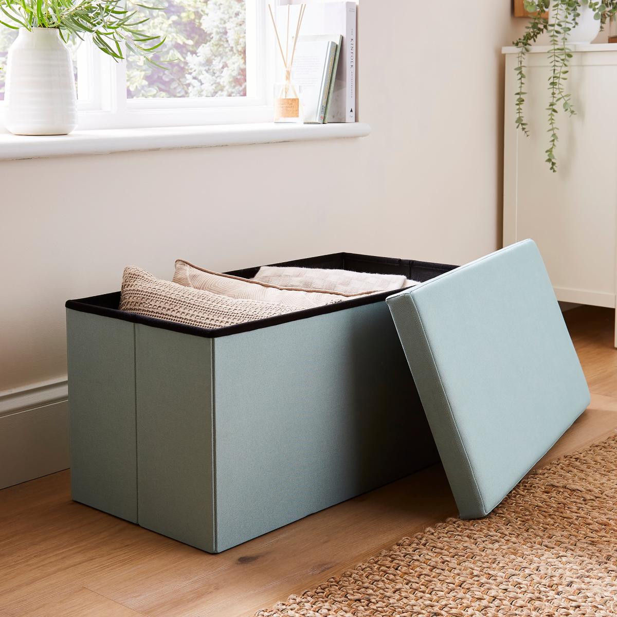 Faux Linen Ottoman Light Blue – image 2