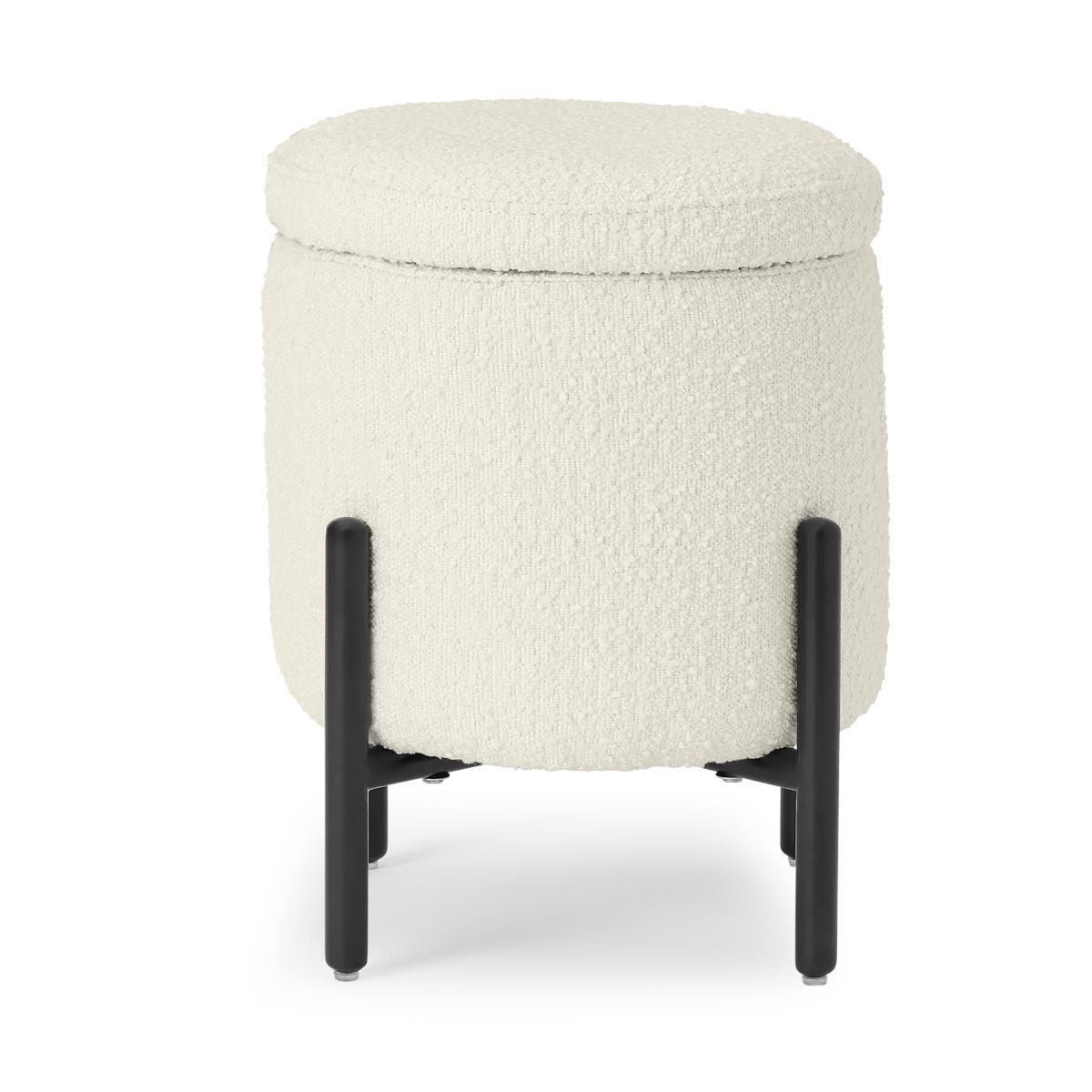 Asare Round Ottoman Storage Bench, Whitewash Boucle & Black – image 2