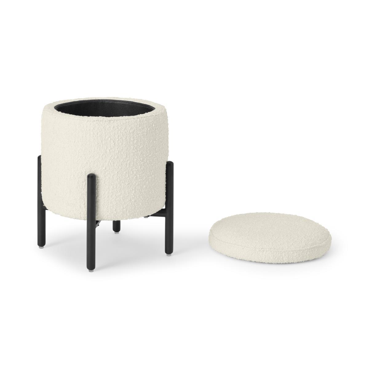Asare Round Ottoman Storage Bench, Whitewash Boucle & Black – image 7