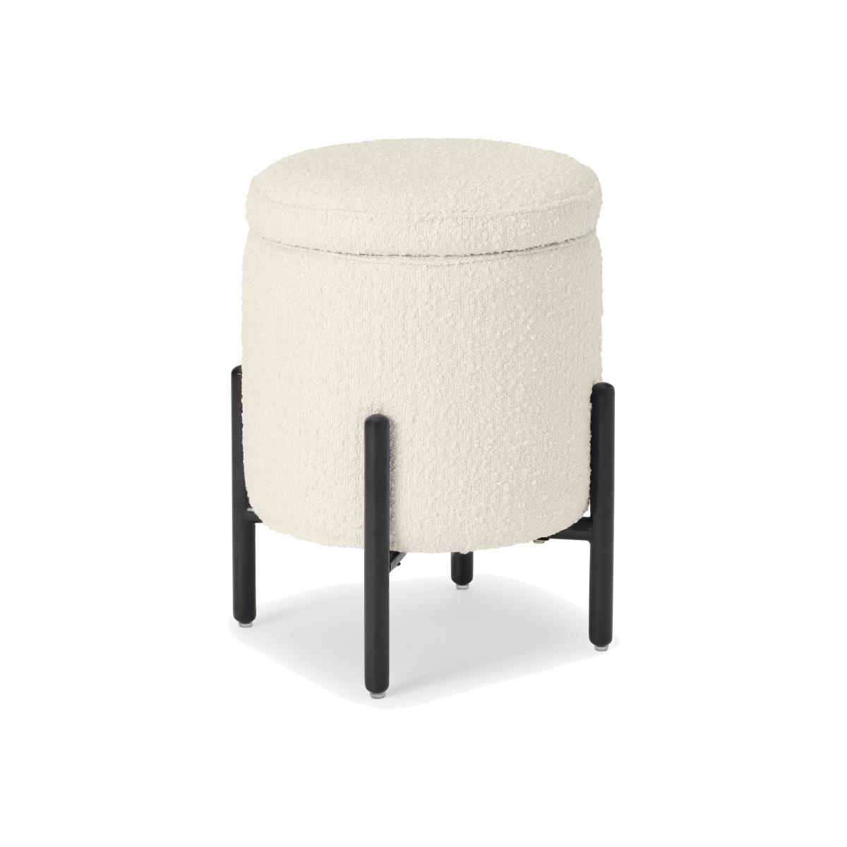 Asare Round Ottoman Storage Bench, Whitewash Boucle & Black – image 1