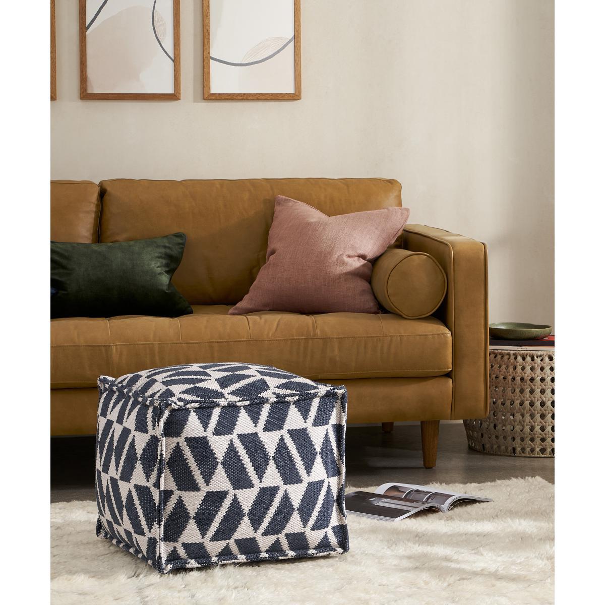Oblique Indoor/ Outdoor Square Pouffe, Teal Blue & Grey – image 3