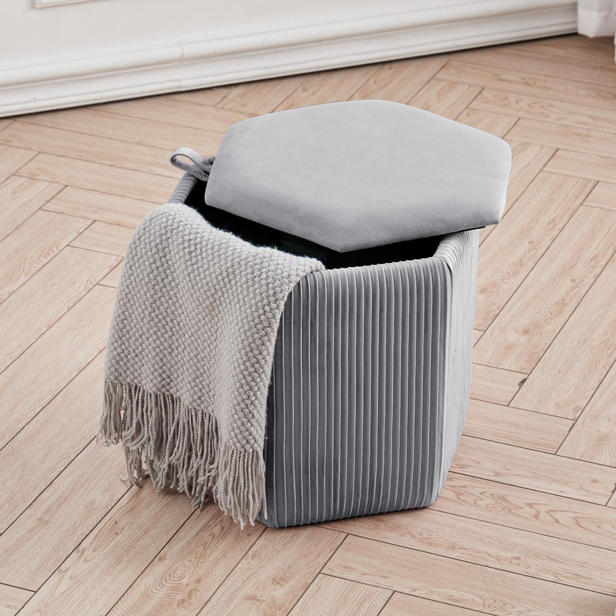 Hexagonal Storage Box Ottoman Bedroom Velvet Dressing Chair Seat Footstool - Grey – image 2
