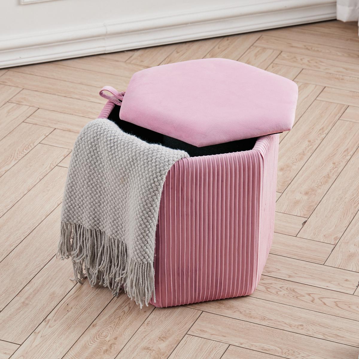 Hexagonal Storage Box Ottoman Bedroom Velvet Dressing Chair Seat Footstool - Grey – image 15