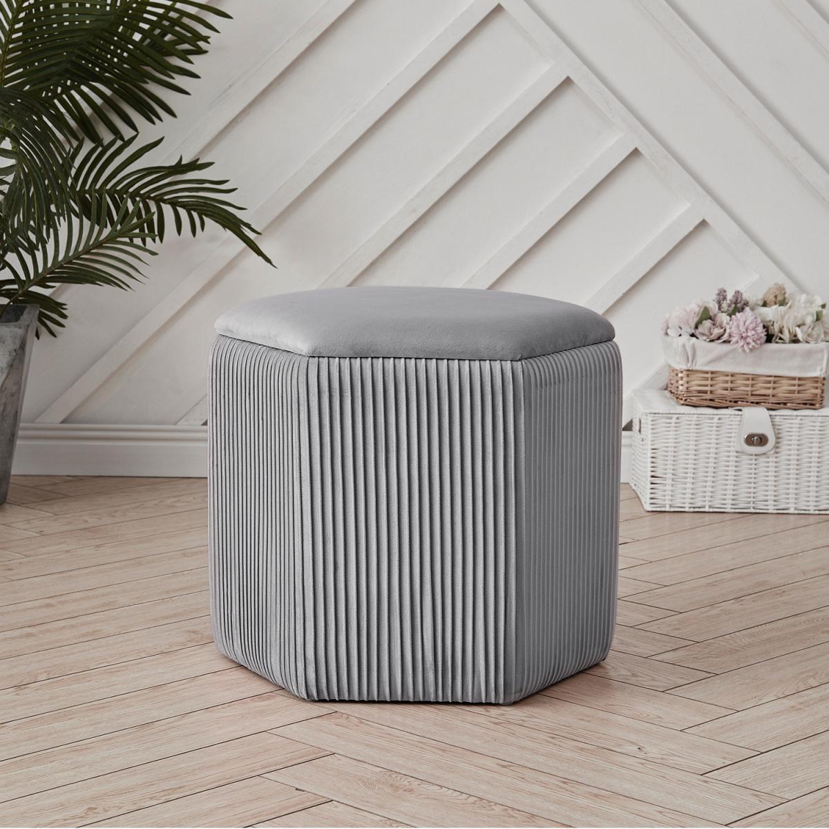 Hexagonal Storage Box Ottoman Bedroom Velvet Dressing Chair Seat Footstool - Grey – image 3