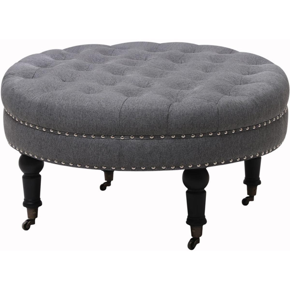 Round Buttoned Footstool with 4 Casters - Grey – image 2