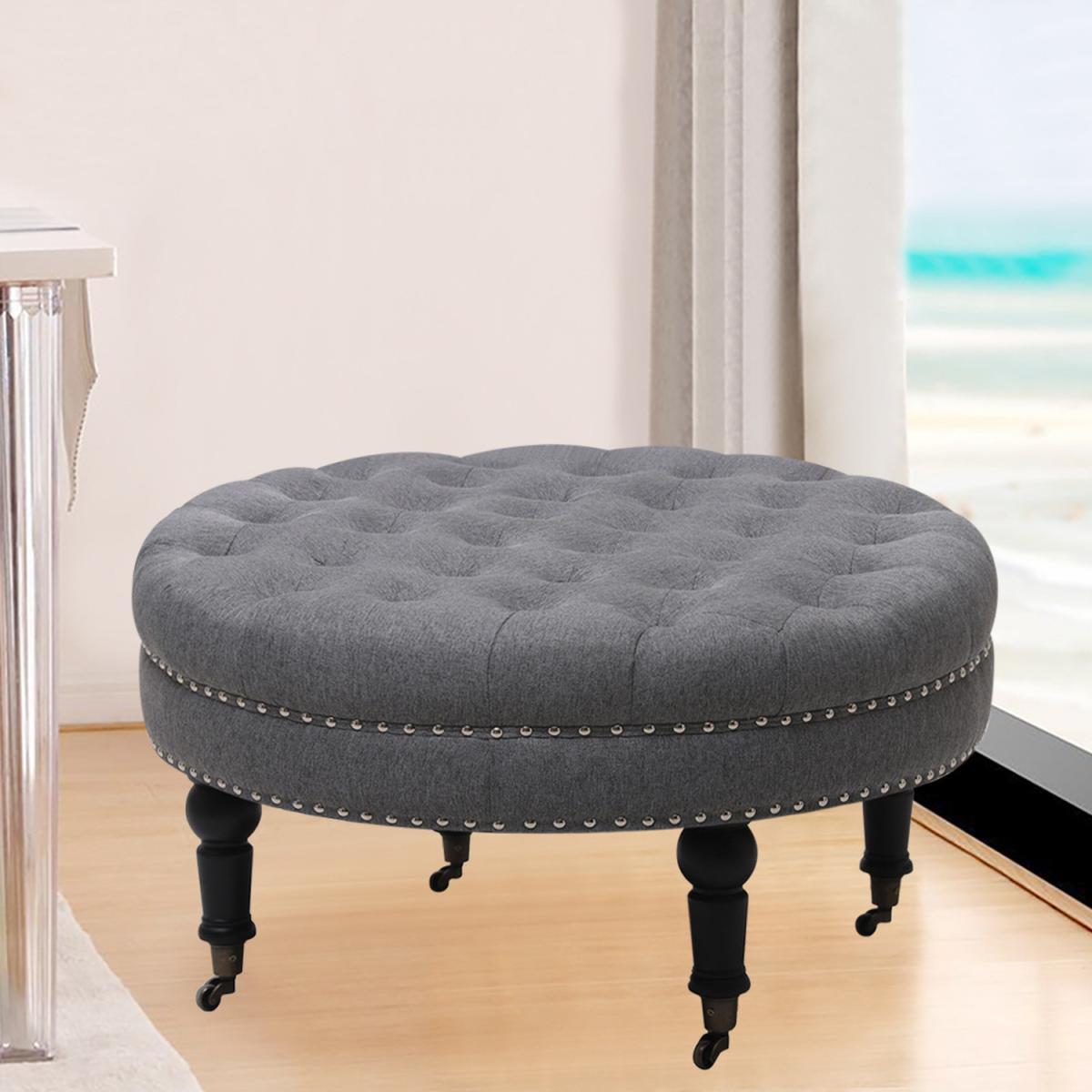 Round Buttoned Footstool with 4 Casters - Grey – image 3