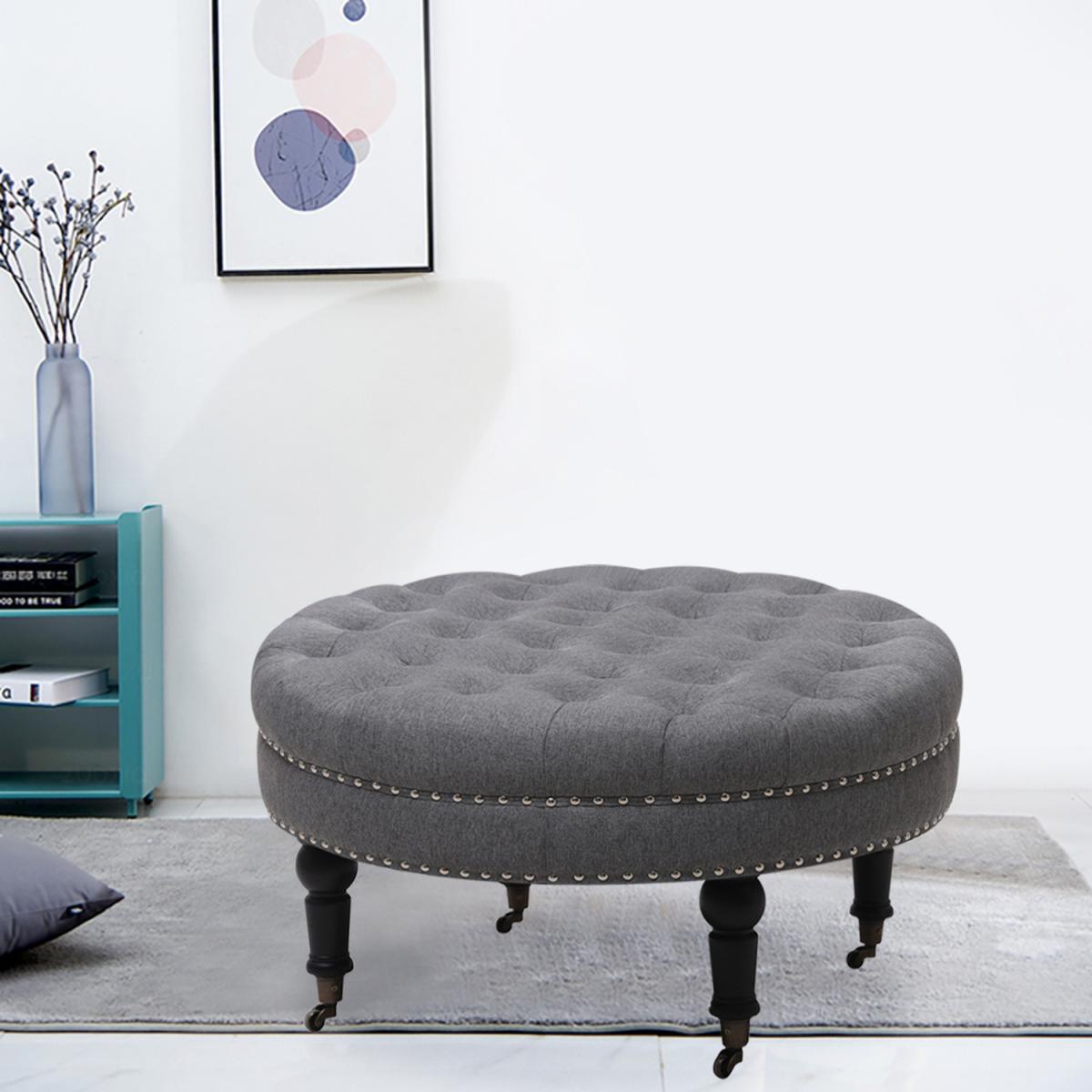 Round Buttoned Footstool with 4 Casters - Grey – image 4