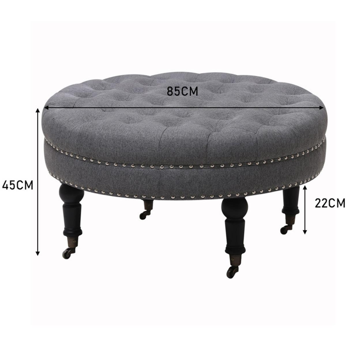 Round Buttoned Footstool with 4 Casters - Grey – image 5