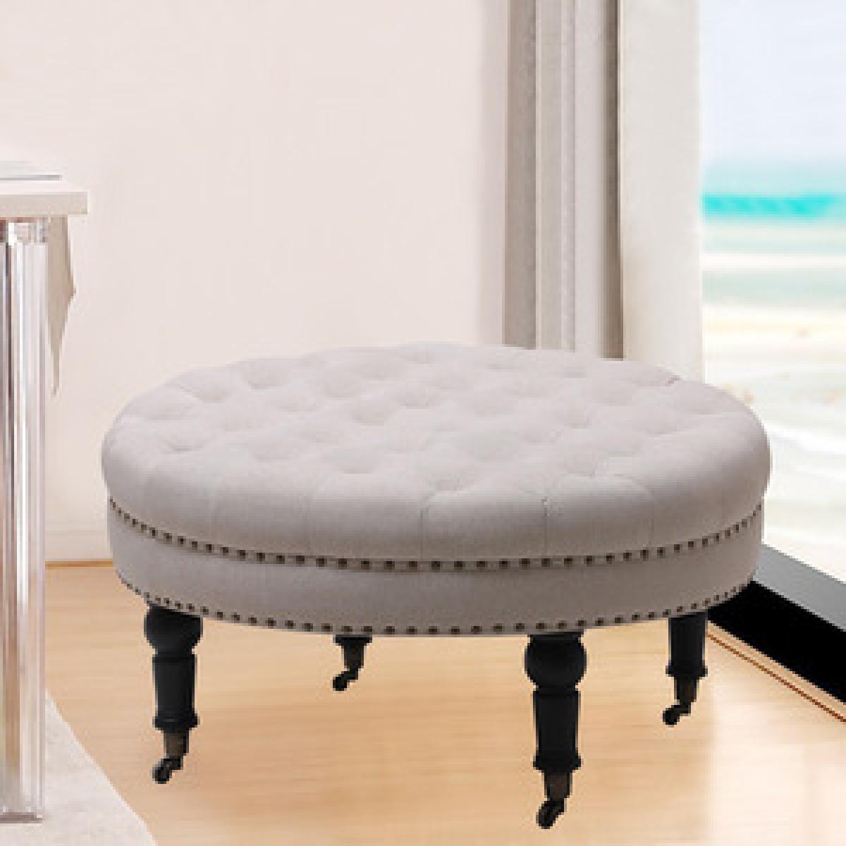 Round Buttoned Footstool with 4 Casters - Grey – image 7