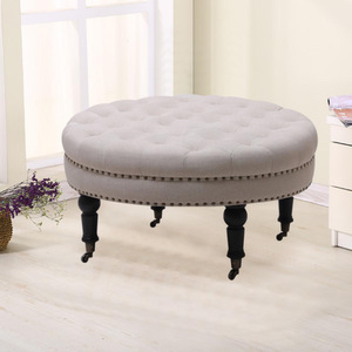 Round Buttoned Footstool with 4 Casters - Grey – image 8