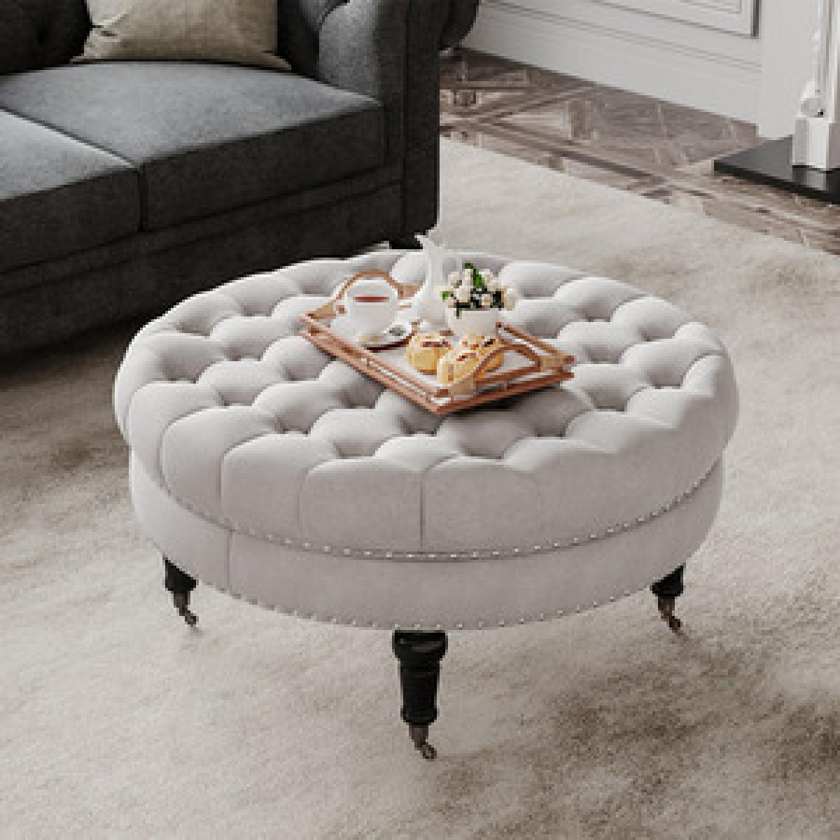 Round Buttoned Footstool with 4 Casters - Grey – image 10