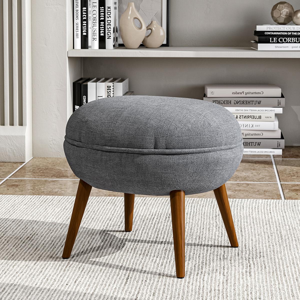 Upholstered Round Linen Fabric Footstool Pouffe Seat Stool Living Room - Grey – image 2