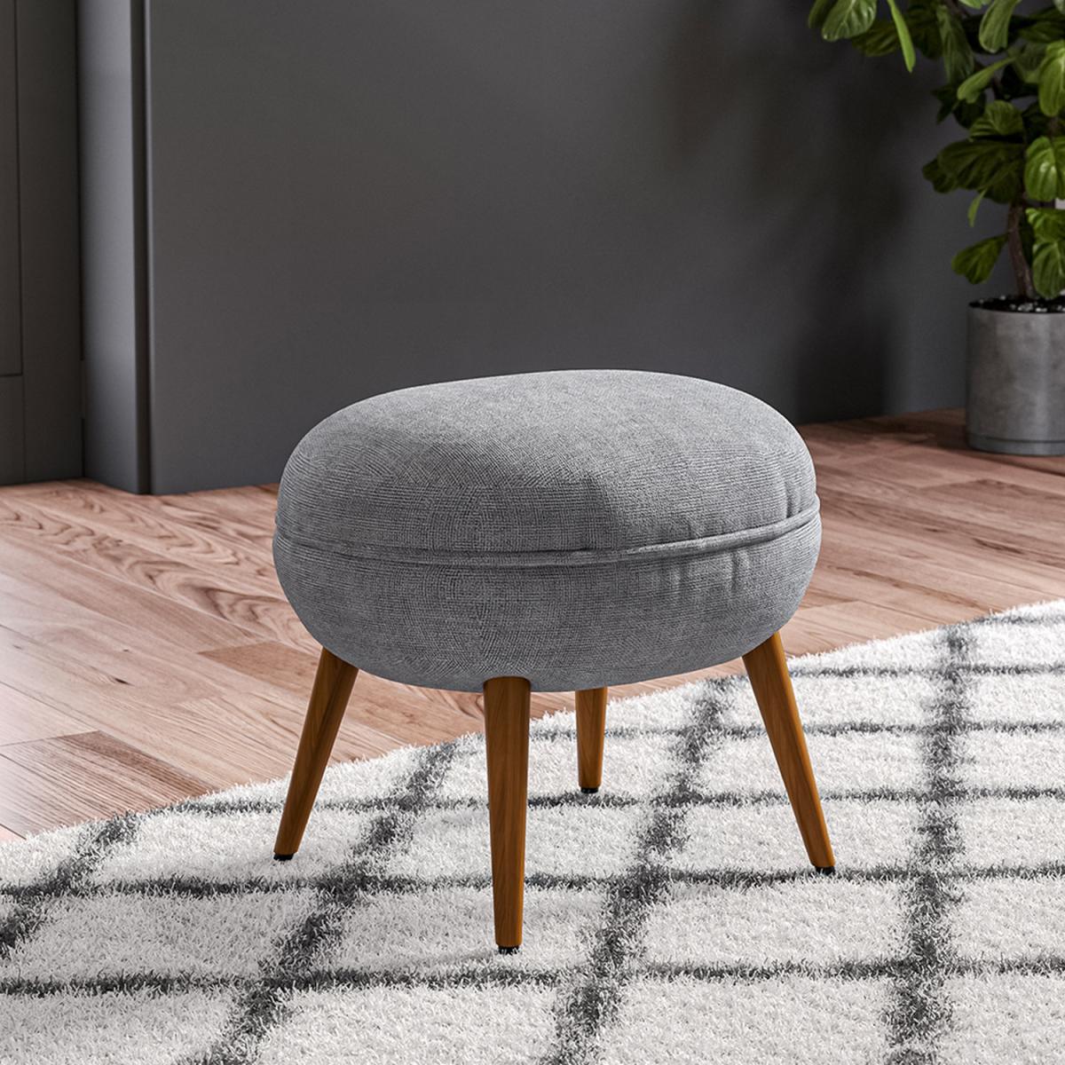 Upholstered Round Linen Fabric Footstool Pouffe Seat Stool Living Room - Grey – image 1