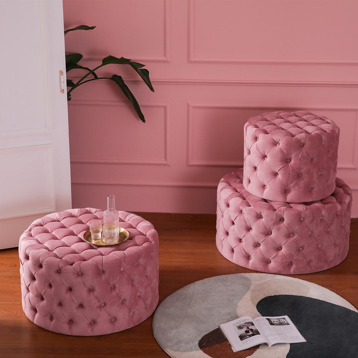 Velvet Round Buttoned Footstool - Grey-Pink / 92cm – image 4