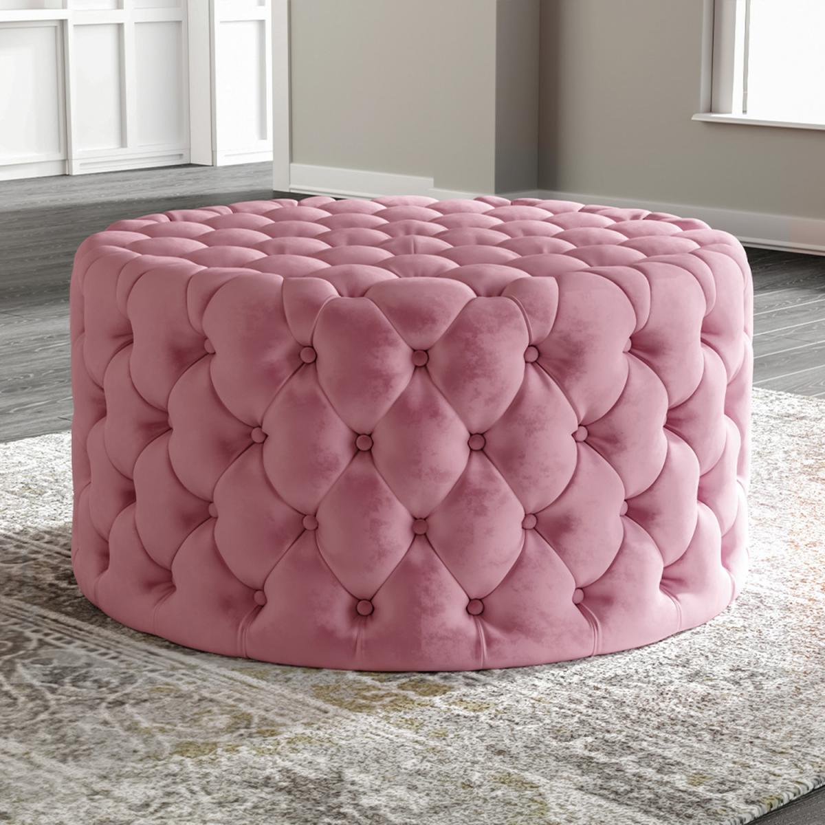 Velvet Round Buttoned Footstool - Grey-Pink / 92cm – image 1