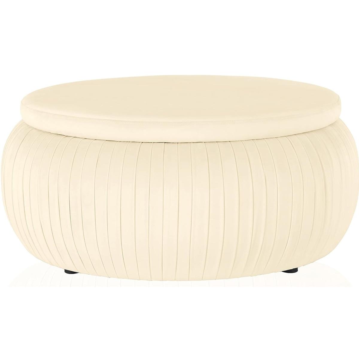 Large Sapphire Round Cream Velvet Storage Ottoman Pouffe - Cream – image 4