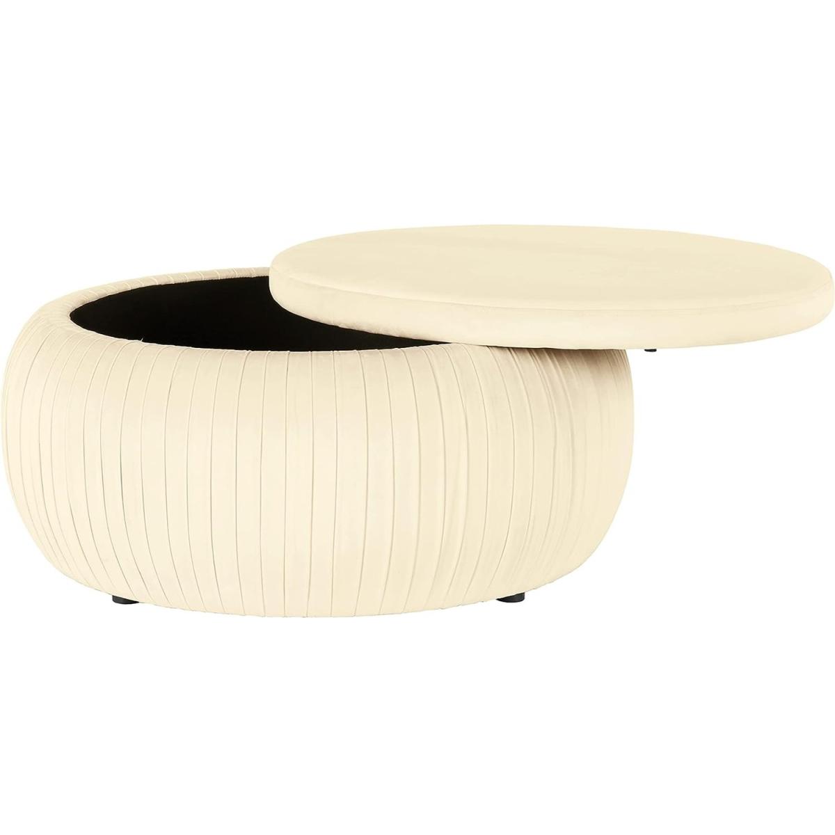 Large Sapphire Round Cream Velvet Storage Ottoman Pouffe - Cream – image 5