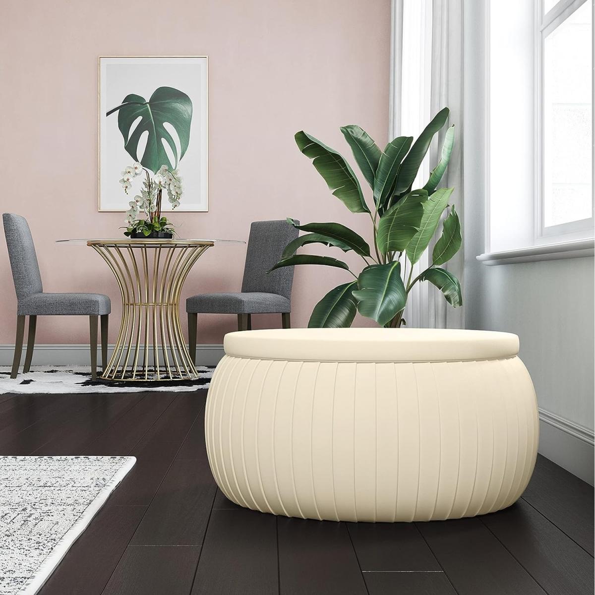 Large Sapphire Round Cream Velvet Storage Ottoman Pouffe - Cream – image 1