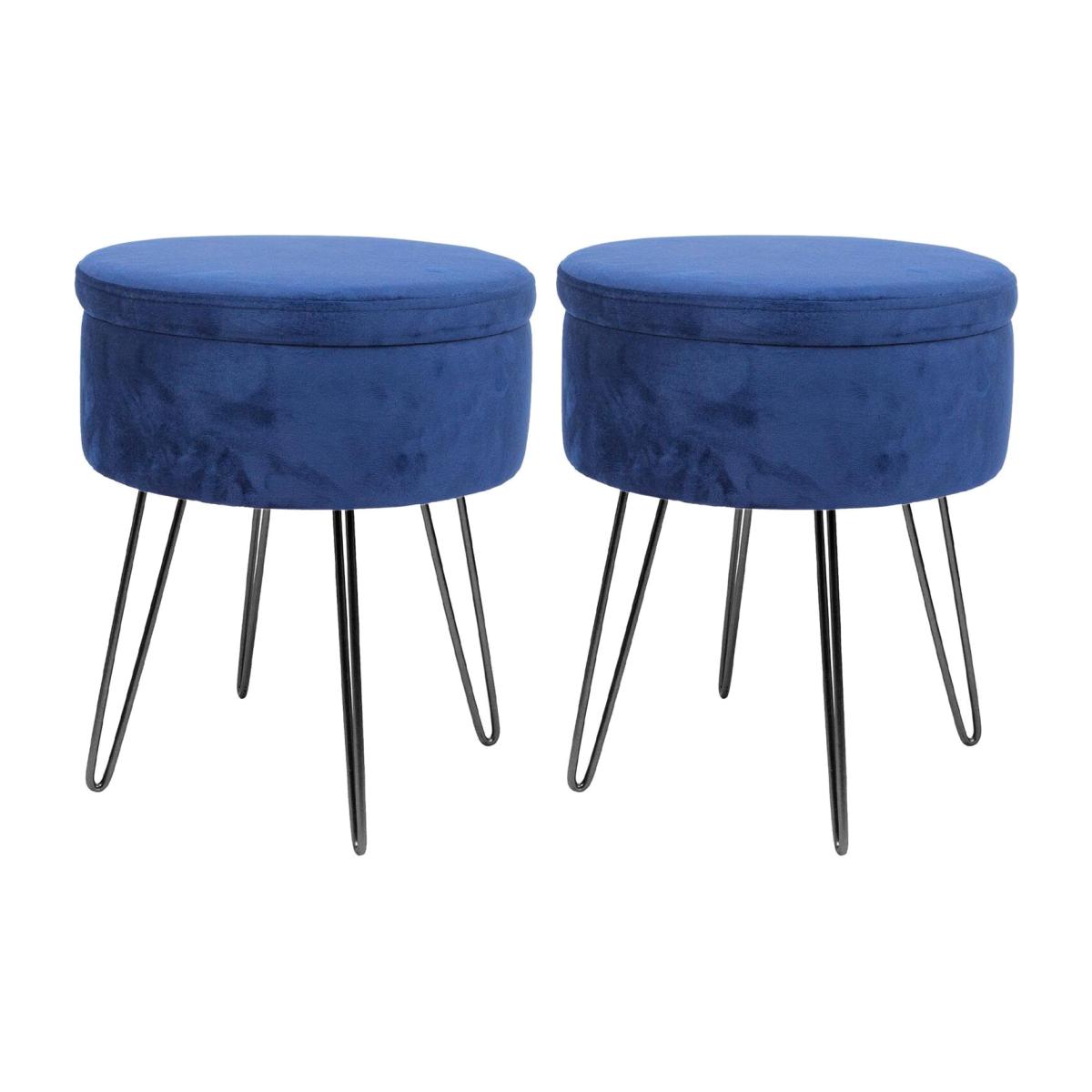 Round Velvet Storage Footstools - Blue - H45 x D36cm - Pack of 2 - Black